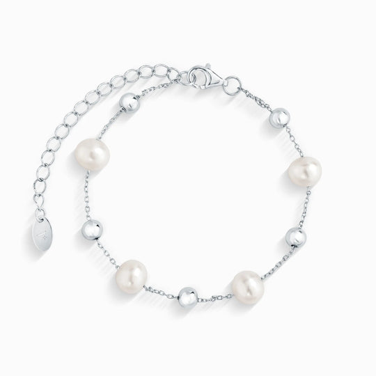 Sterling silver pearl bracelet with freshwater pearls and silver balls, adjustable chain