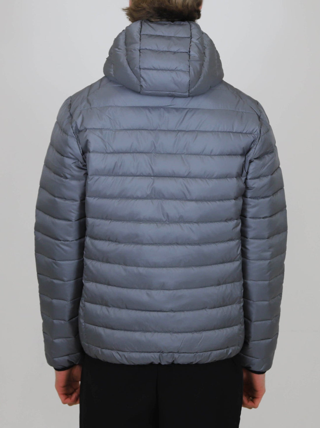 Back view of grey Winter Steep Padded Jacket with hood and horizontal quilting design
