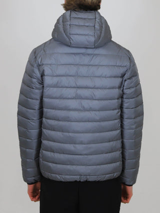 Back view of grey Winter Steep Padded Jacket with hood and horizontal quilting design