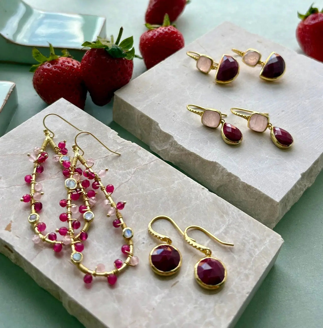 Hydra Large Teardrop Wire-Wrapped Gemstone Earrings with moonstone, rose quartz, pink jade, and pink tourmaline on 22K gold brass