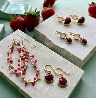 Hydra Large Teardrop Wire-Wrapped Gemstone Earrings with moonstone, rose quartz, pink jade, and pink tourmaline on 22K gold brass