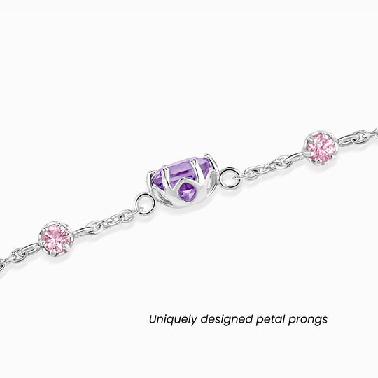 Sterling silver bracelet with natural pink sapphires and lavender amethysts in unique petal prong setting