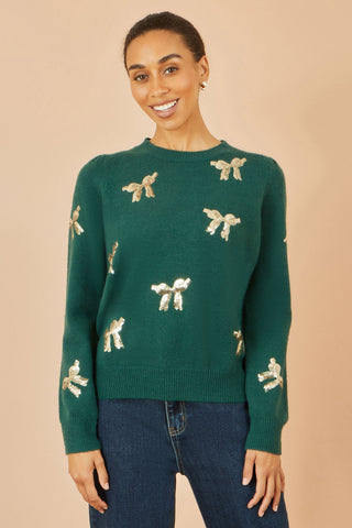 Green Sequin All Over Applique Bow Knitted Jumper Yumi
