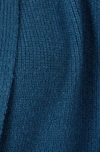 Close-up of Yumi Teal Knitted Maxi Cardigan ribbed texture with drop sleeves and pocket detail