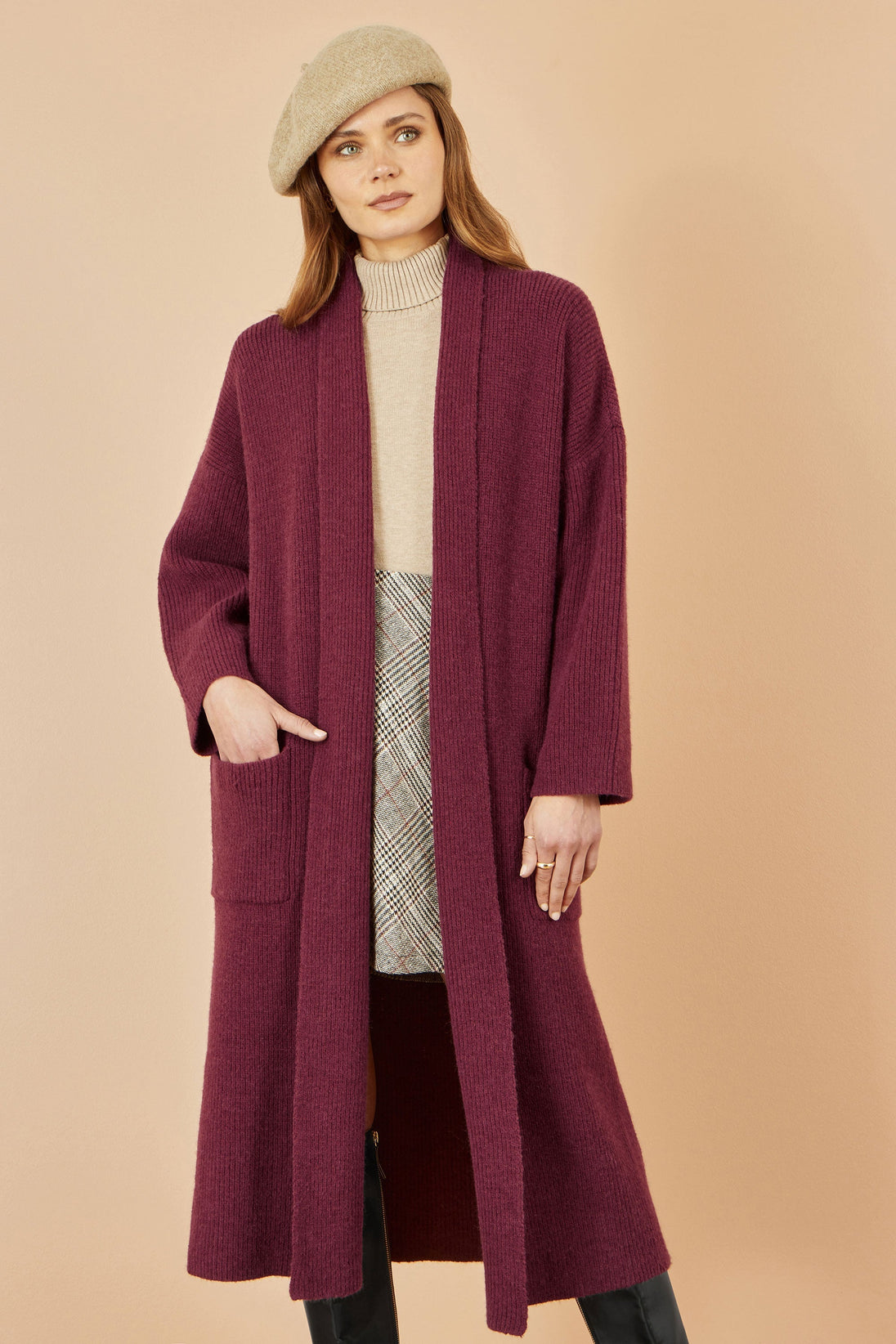 Yumi Burgundy Knitted Maxi Cardigan With Pockets Yumi