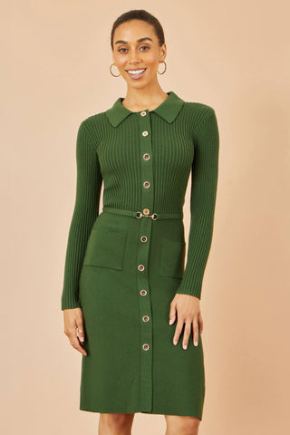 Green Rib Knit Midi Shirt Dress With Snaffle Belt - Ezeyor