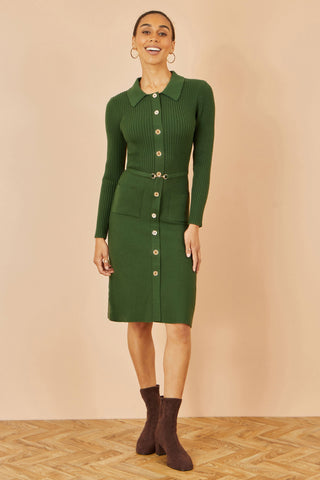 Green Rib Knit Midi Shirt Dress With Snaffle Belt - Ezeyor