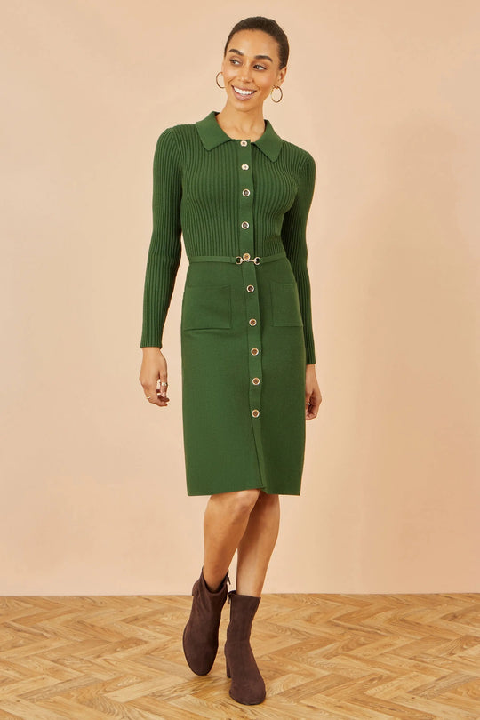 Green Rib Knit Midi Shirt Dress With Snaffle Belt - Ezeyor