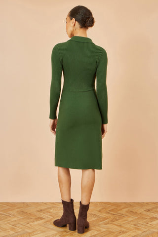 Green Rib Knit Midi Shirt Dress With Snaffle Belt - Ezeyor