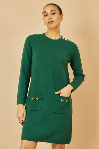 Yumi green knitted tunic dress with gold hardware on shoulder and pockets, long sleeve, relaxed fit