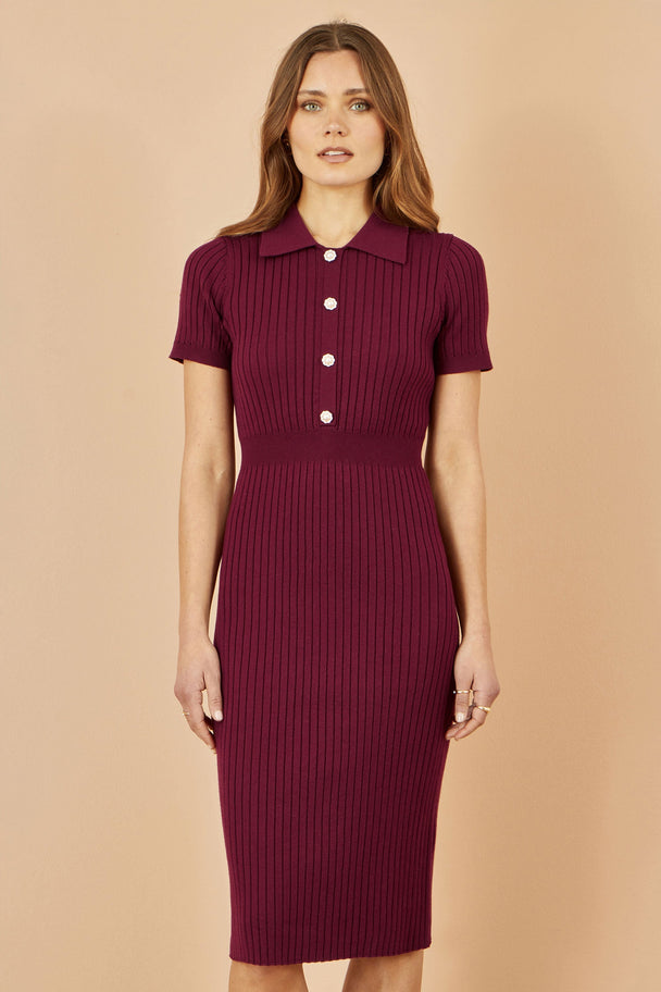 Burgundy Fitted Rib Knitted Midi Dress With Daisy Buttons - Ezeyor
