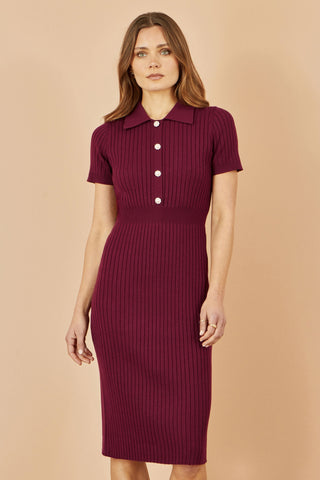 Burgundy Fitted Rib Knitted Midi Dress With Daisy Buttons - Ezeyor