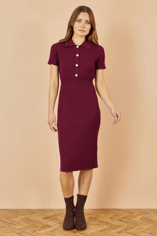 Burgundy Fitted Rib Knitted Midi Dress With Daisy Buttons - Ezeyor