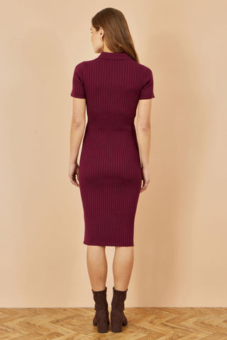 Burgundy Fitted Rib Knitted Midi Dress With Daisy Buttons - Ezeyor