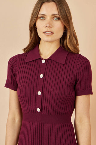Burgundy Fitted Rib Knitted Midi Dress With Daisy Buttons - Ezeyor