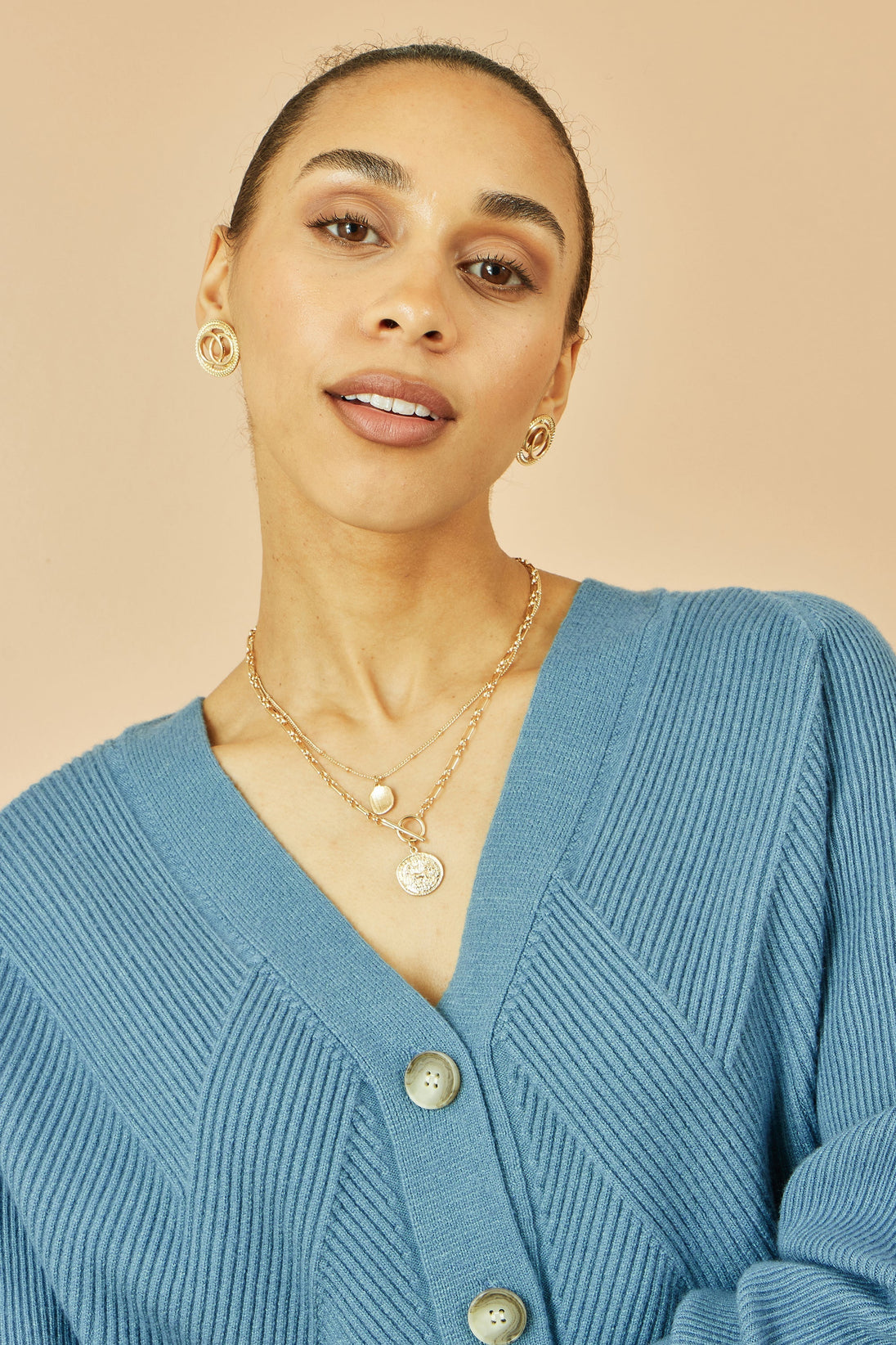 Blue Relaxed Fit Cardigan With Stitch Detail Yumi