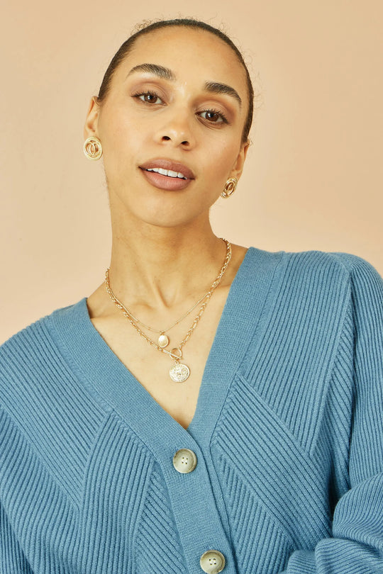 Yumi Blue Relaxed Fit Cardigan With Stitch Detail Yumi