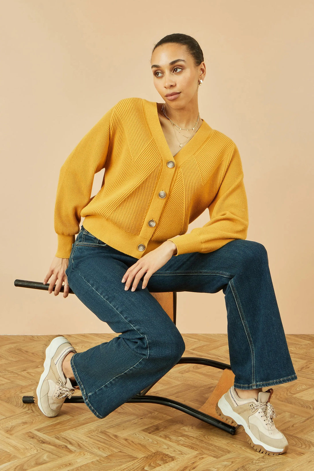Yumi Mustard Relaxed Fit Cardigan With Stitch Detail Yumi