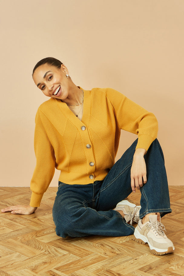 Mustard Relaxed Fit Cardigan With Stitch Detail Yumi