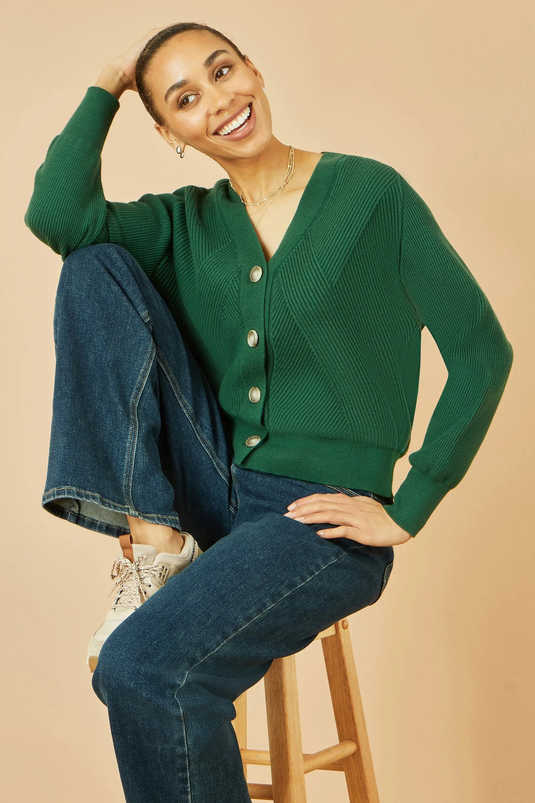 Yumi Green Relaxed Fit Cardigan With Stitch Detail Yumi