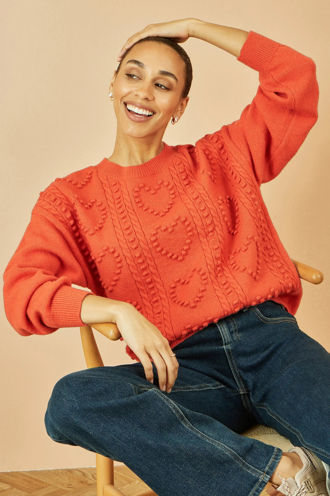 Orange Heart Knit Relaxed Jumper - Ezeyor