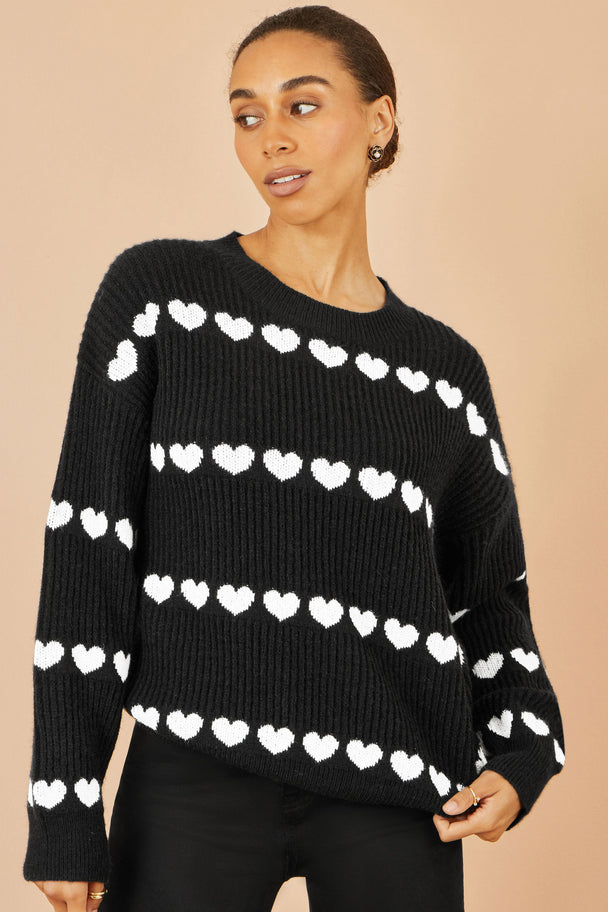 Black Knitted Jumper With Heart Stripes - Ezeyor