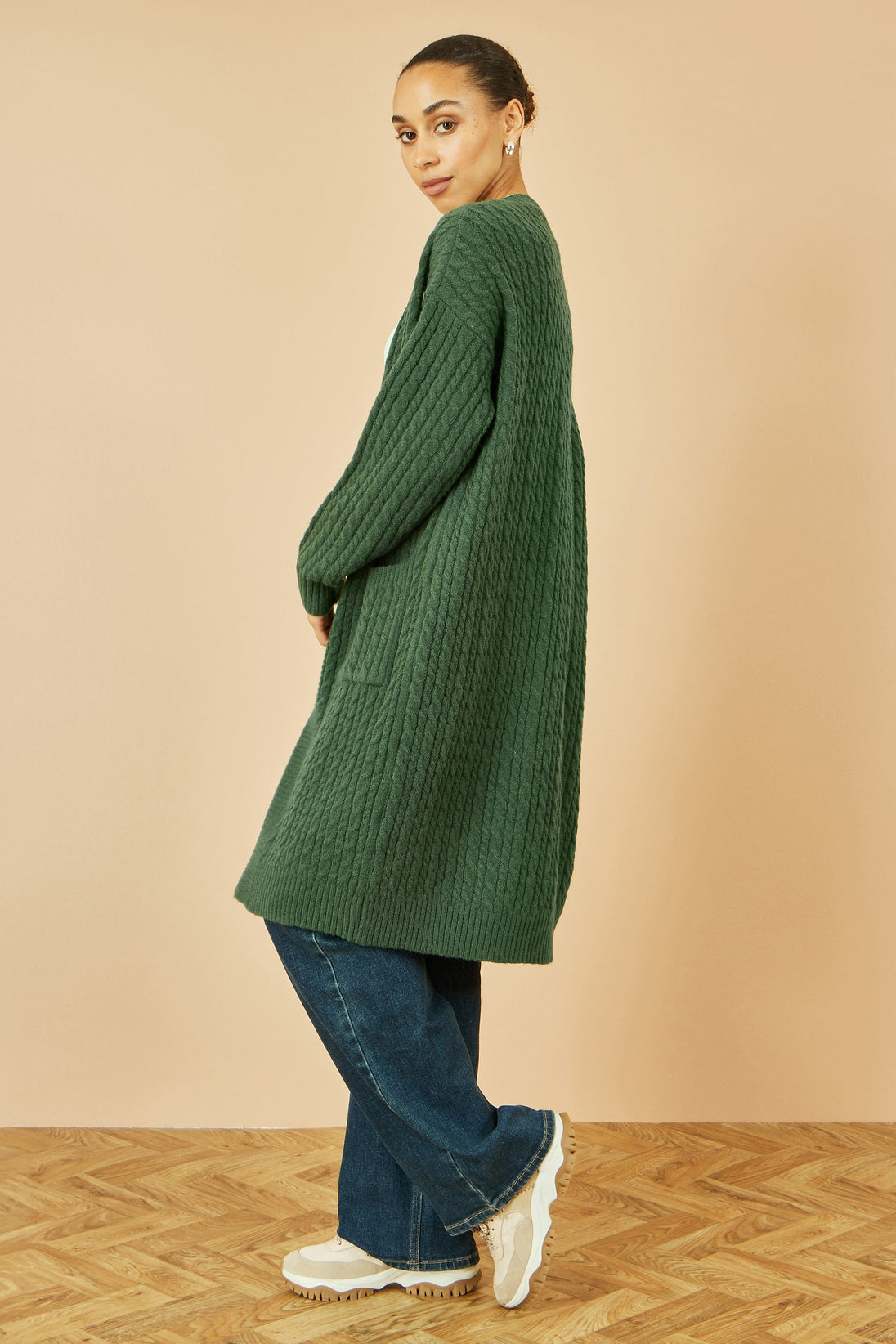Green Cable Knit Edge to Edge Long Cardigan With Pockets - Ezeyor