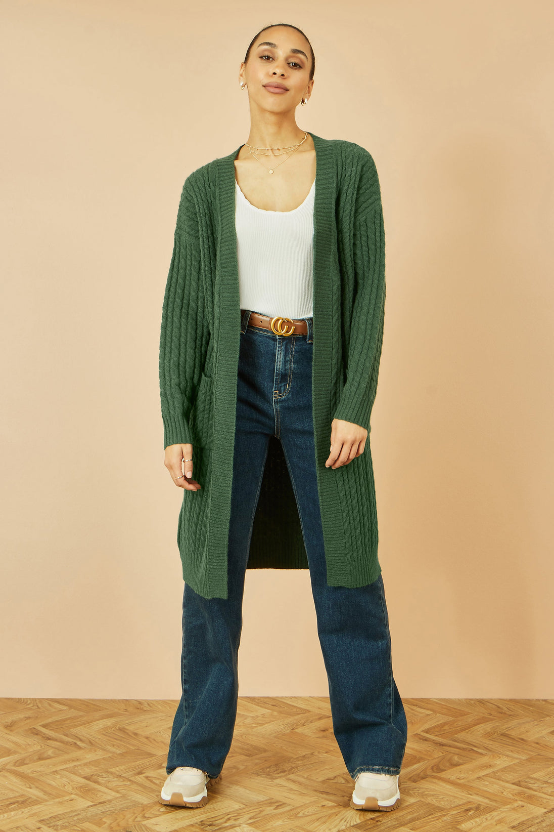Green Cable Knit Edge to Edge Long Cardigan With Pockets - Ezeyor