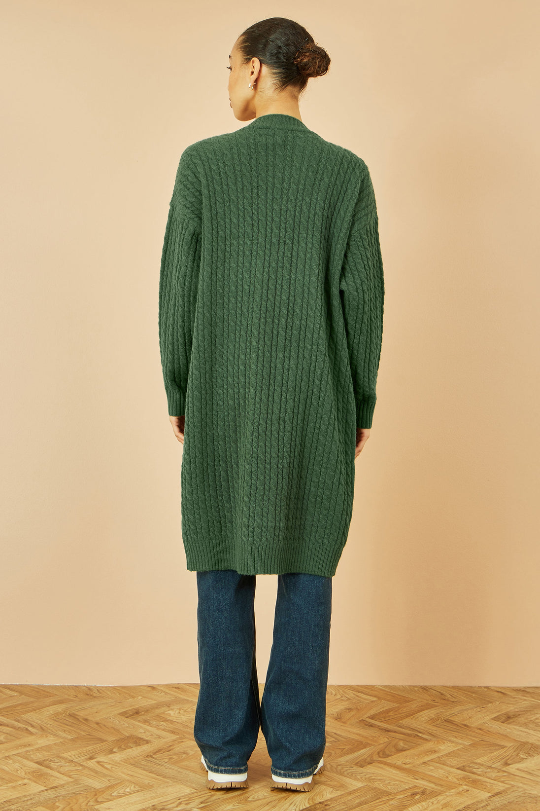 Green Cable Knit Edge to Edge Long Cardigan With Pockets - Ezeyor