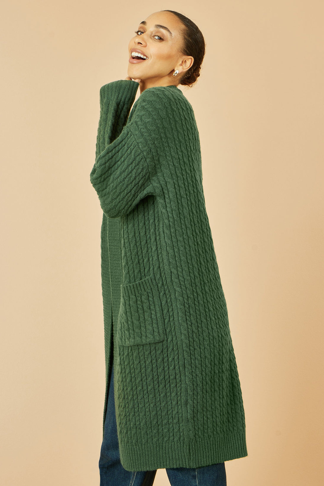 Green Cable Knit Edge to Edge Long Cardigan With Pockets - Ezeyor