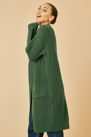 Green Cable Knit Edge to Edge Long Cardigan With Pockets - Ezeyor