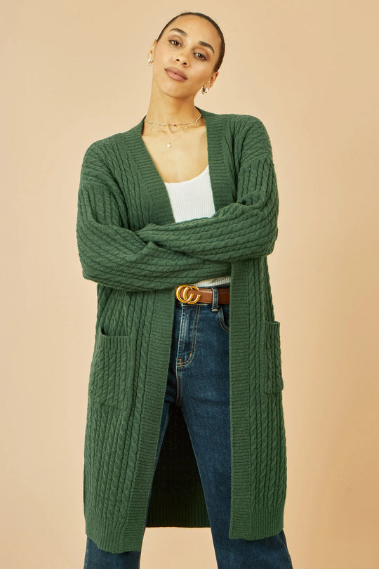 Green Cable Knit Edge to Edge Long Cardigan With Pockets - Ezeyor