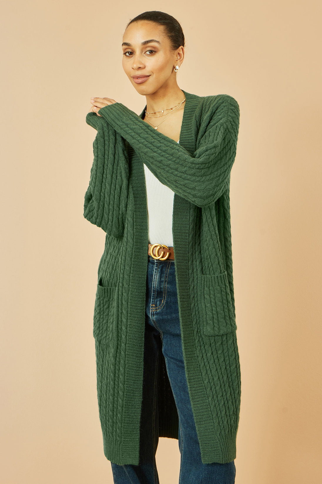 Green Cable Knit Edge to Edge Long Cardigan With Pockets - Ezeyor