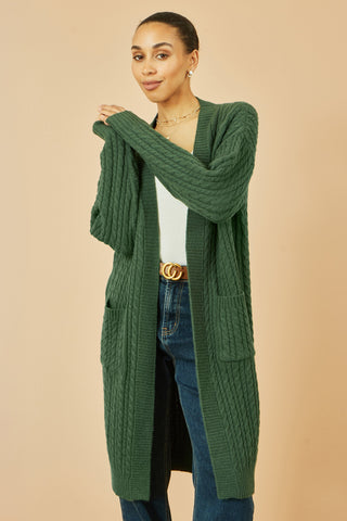 Green Cable Knit Edge to Edge Long Cardigan With Pockets - Ezeyor