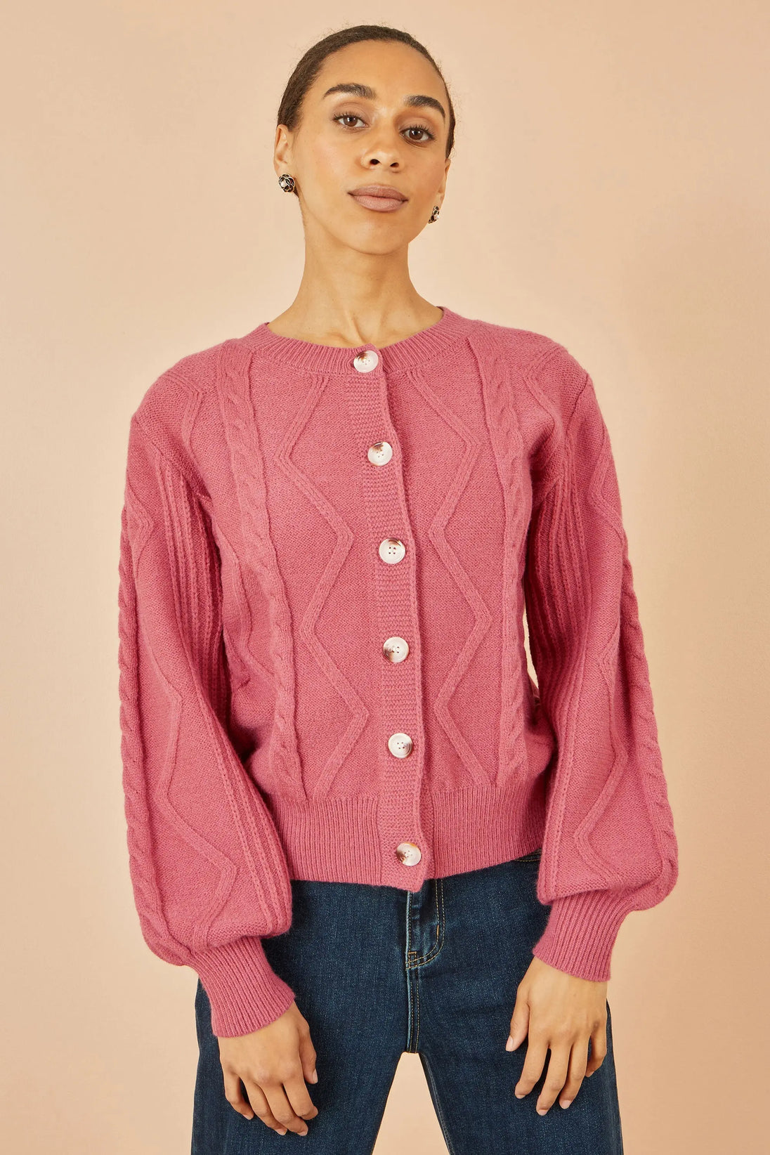 Yumi Pink Relaxed Fit Cable Cardigan Yumi