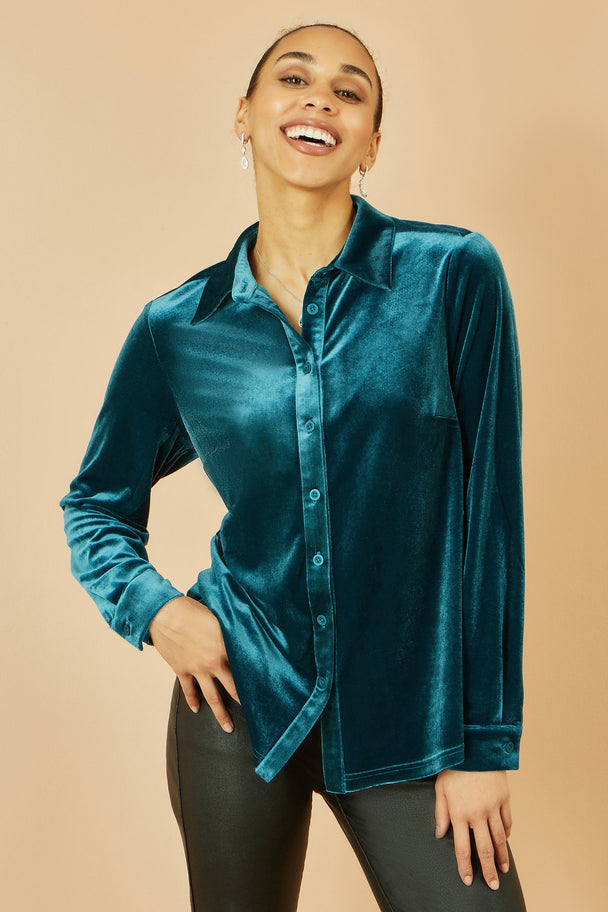 Yumi Teal Velvet Relaxed Fit Shirt Yumi
