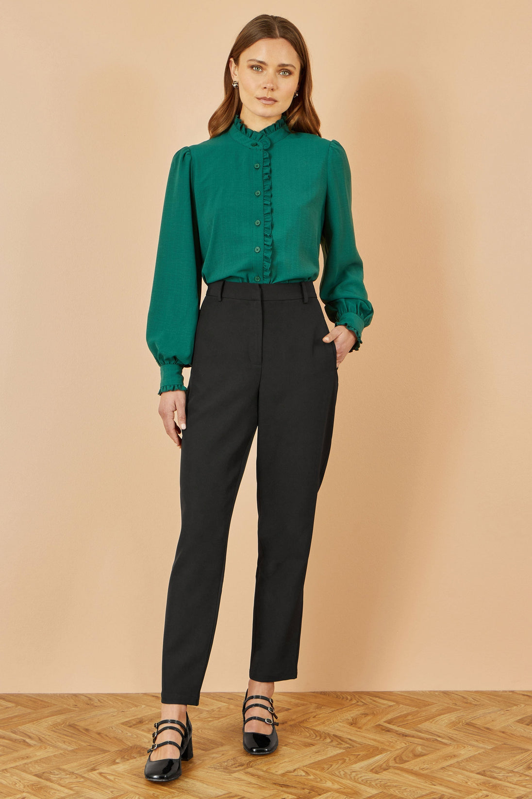 Yumi Green Frill High Neck Shirt Yumi