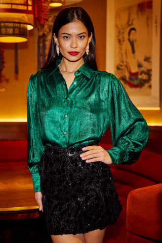 Yumi Green Metallic Relaxed Balloon Sleeve Shirt - Ezeyor