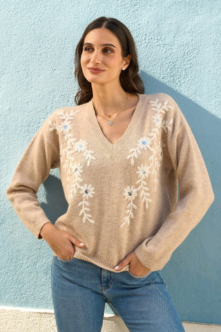 Oatmeal Floral Embroidered V Neck Relaxed Knitted Jumper - Ezeyor