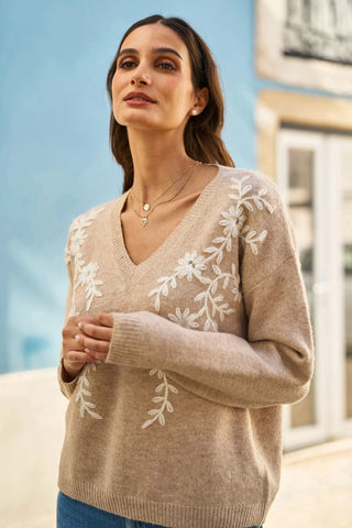 Oatmeal Floral Embroidered V Neck Relaxed Knitted Jumper - Ezeyor