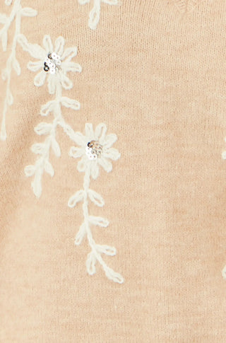 Oatmeal Floral Embroidered V Neck Relaxed Knitted Jumper - Ezeyor