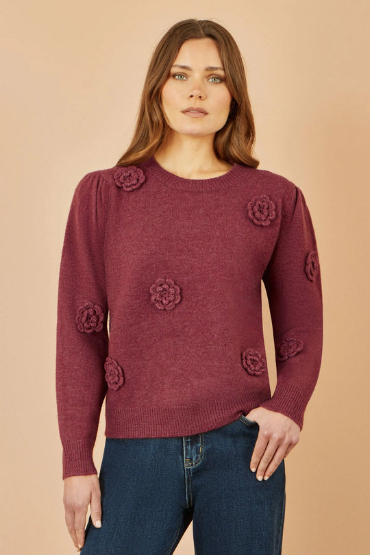 Yumi Burgundy Knitted Jumper With Crochet Flowers Yumi
