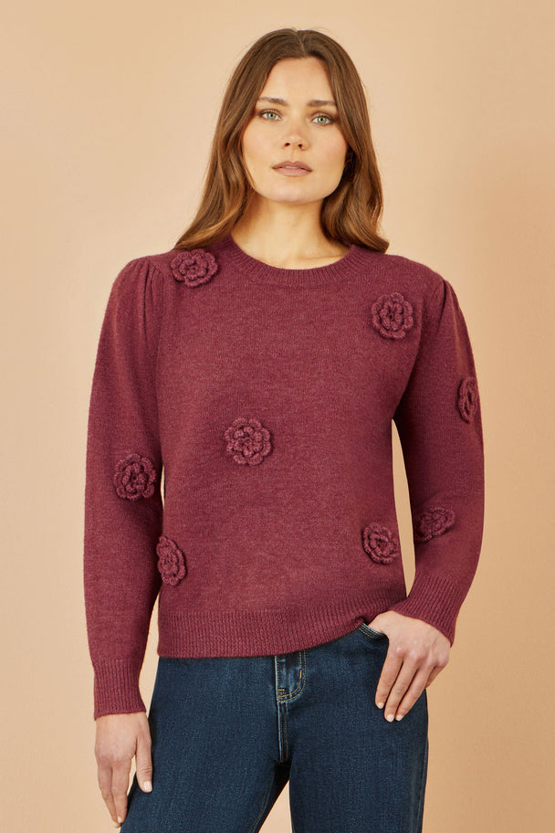 Burgundy Knitted Jumper With Crochet Flowers Yumi