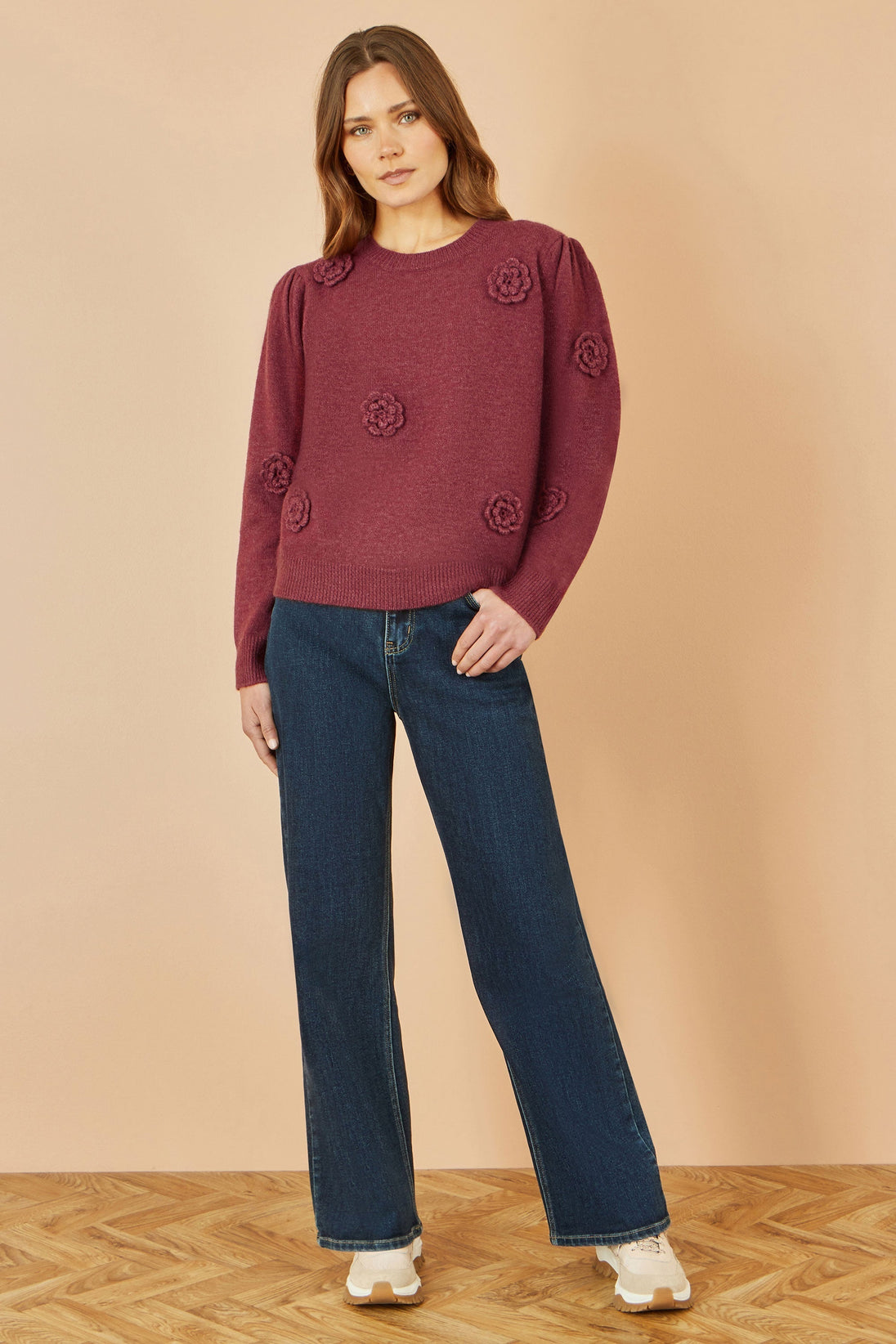 Burgundy Knitted Jumper With Crochet Flowers Yumi