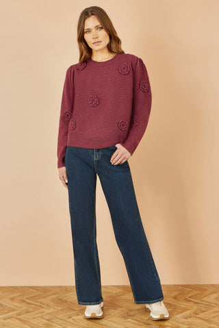 Burgundy Knitted Jumper With Crochet Flowers Yumi