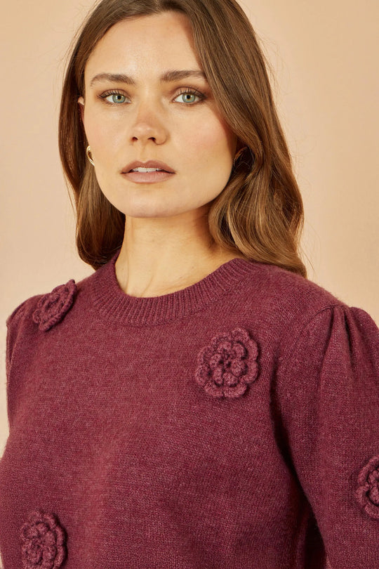 Yumi Burgundy Knitted Jumper With Crochet Flowers Yumi