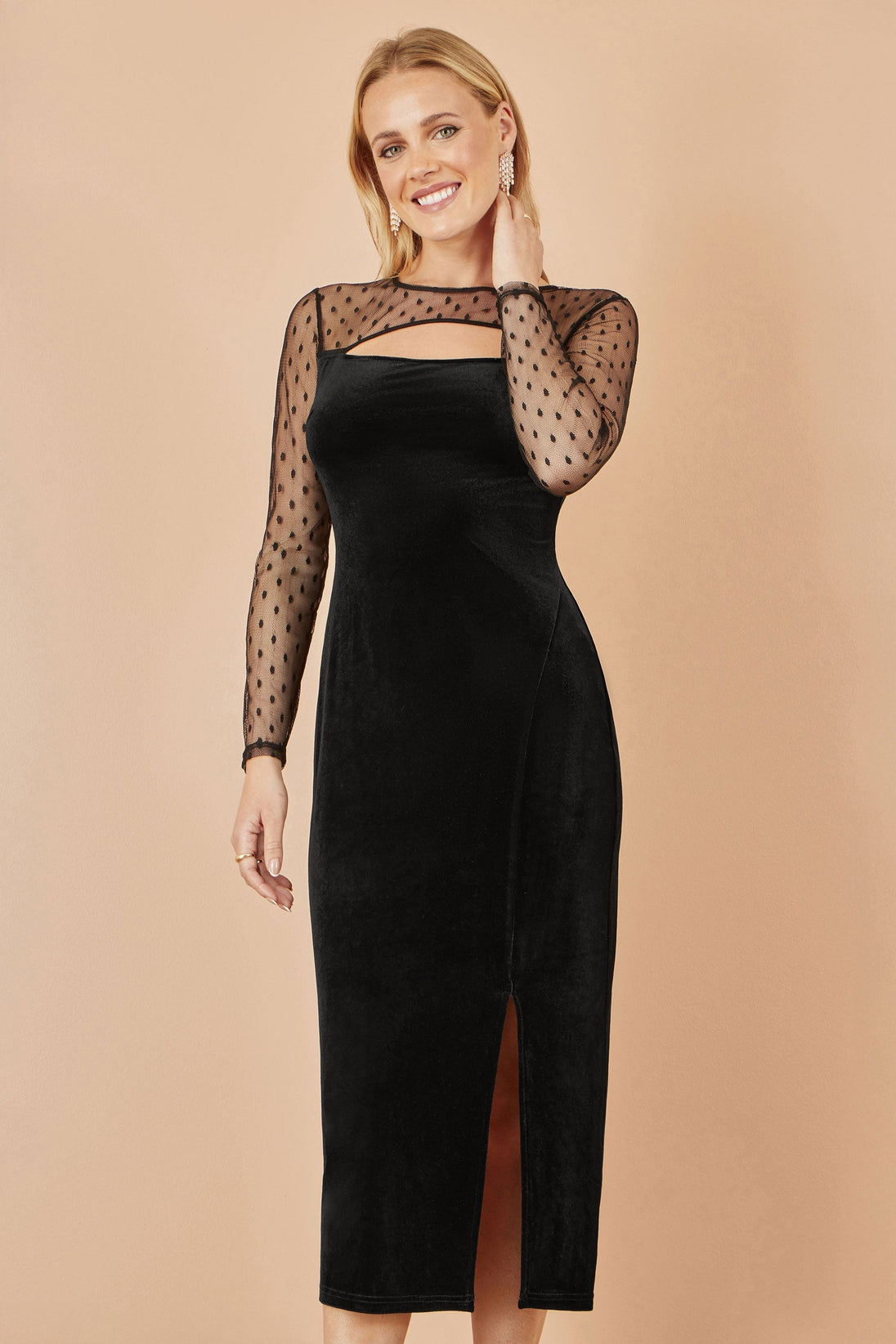 Black Velvet Midi Dress With Slash Neckline and Sheer Sleeves Yumi