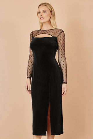 Black Velvet Midi Dress With Slash Neckline and Sheer Sleeves Yumi