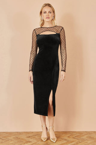 Black Velvet Midi Dress With Slash Neckline and Sheer Sleeves Yumi