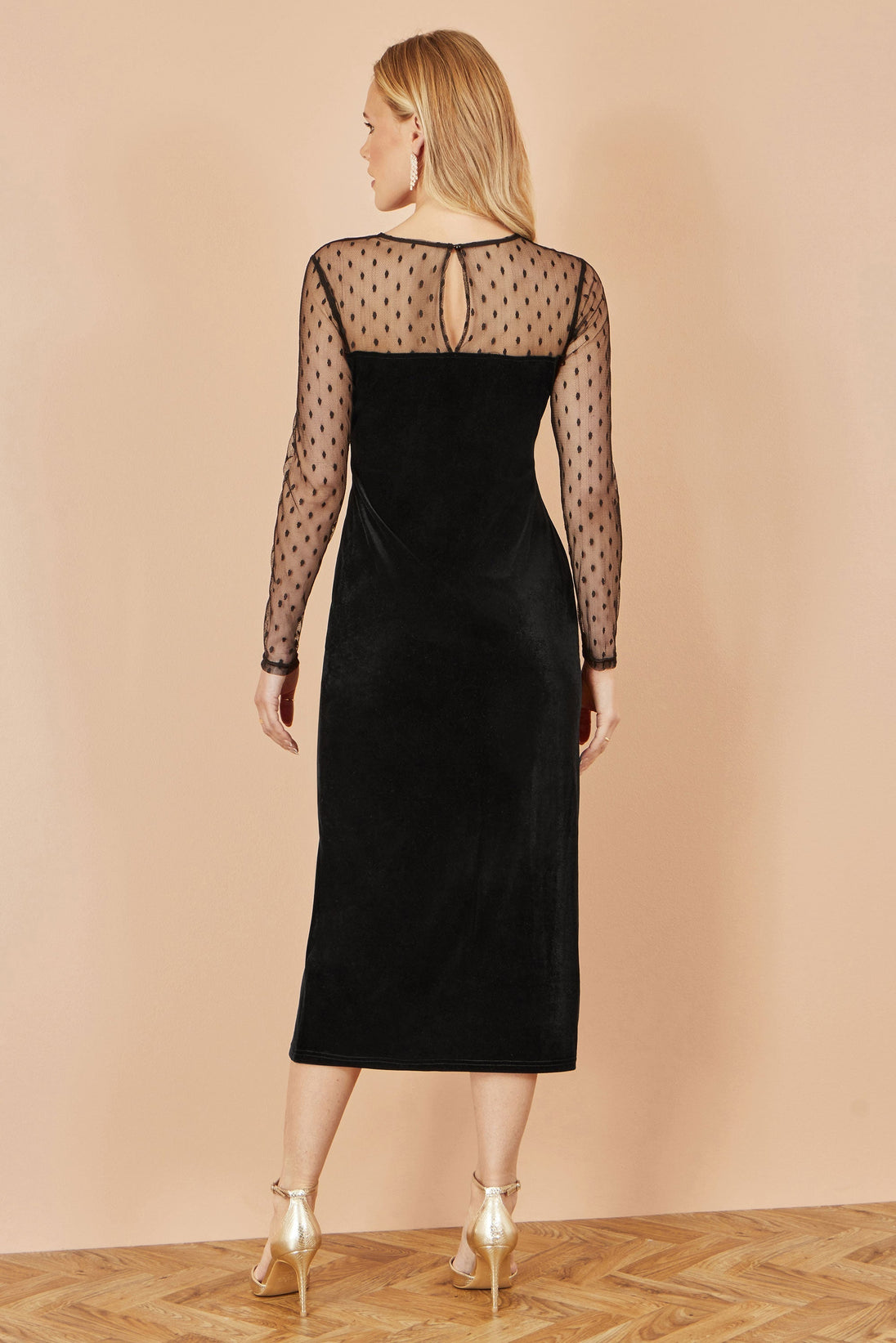 Black Velvet Midi Dress With Slash Neckline and Sheer Sleeves Yumi